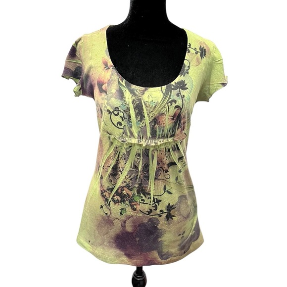 Y2K Bleu Green Floral Fairy Cyber Top Small vintage earthy gnome hippie boho 90s - Picture 1 of 9